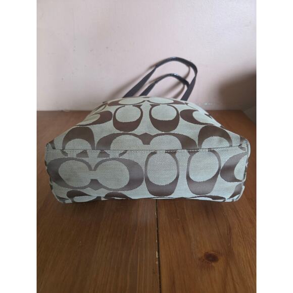 Authentic Coach Monogram Khaki and Vermillion Striped Shoulder Bag Tote Medium - Picture 4 of 13